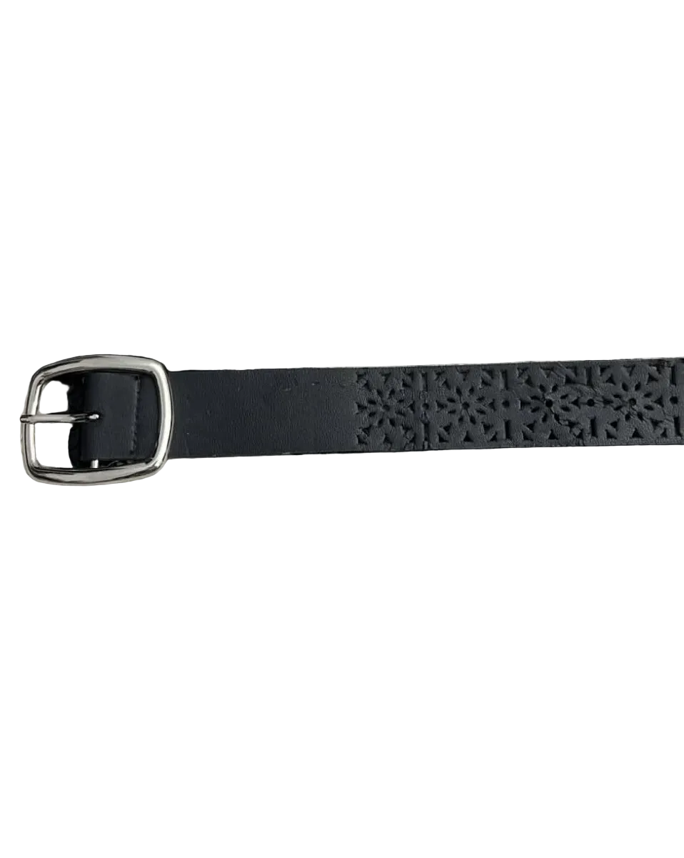 Black Carved Floral Holed Belt