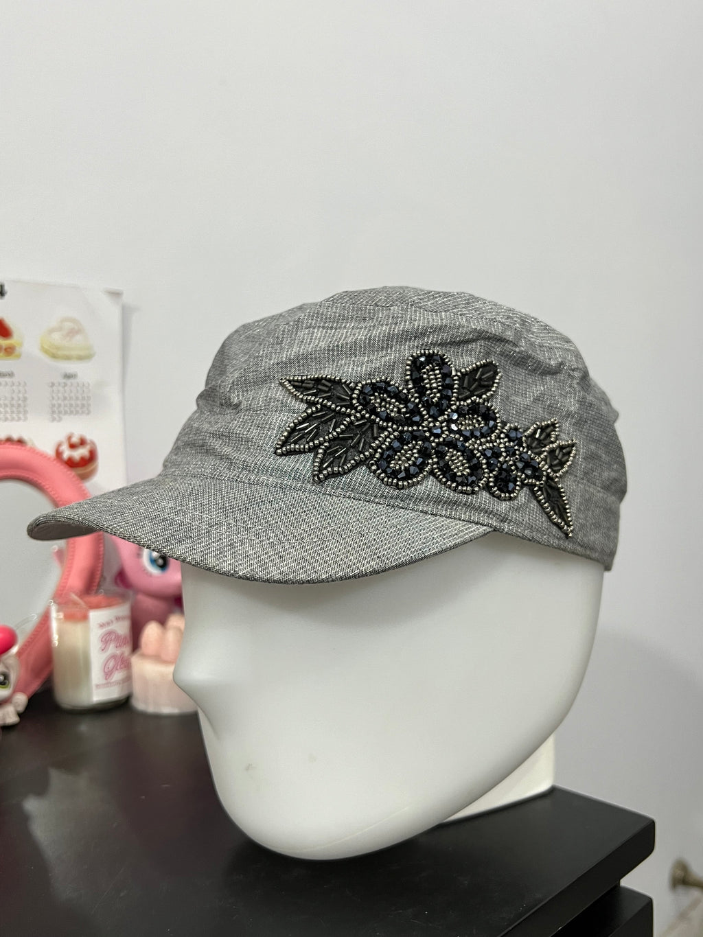 Grey Floral Bedazzled Cap