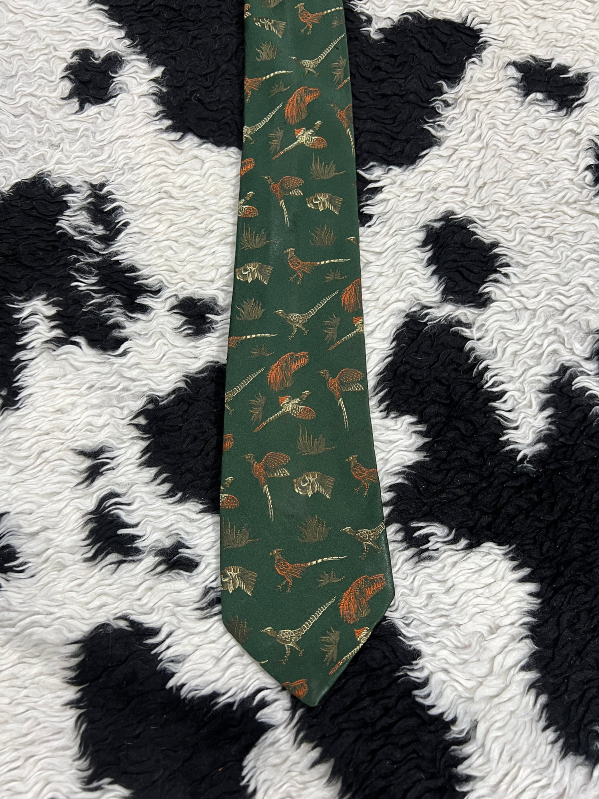 Pheasants Embroidered Green Tie