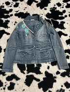 Whimsical Blue Floral Denim Coat Jacket (Medium)