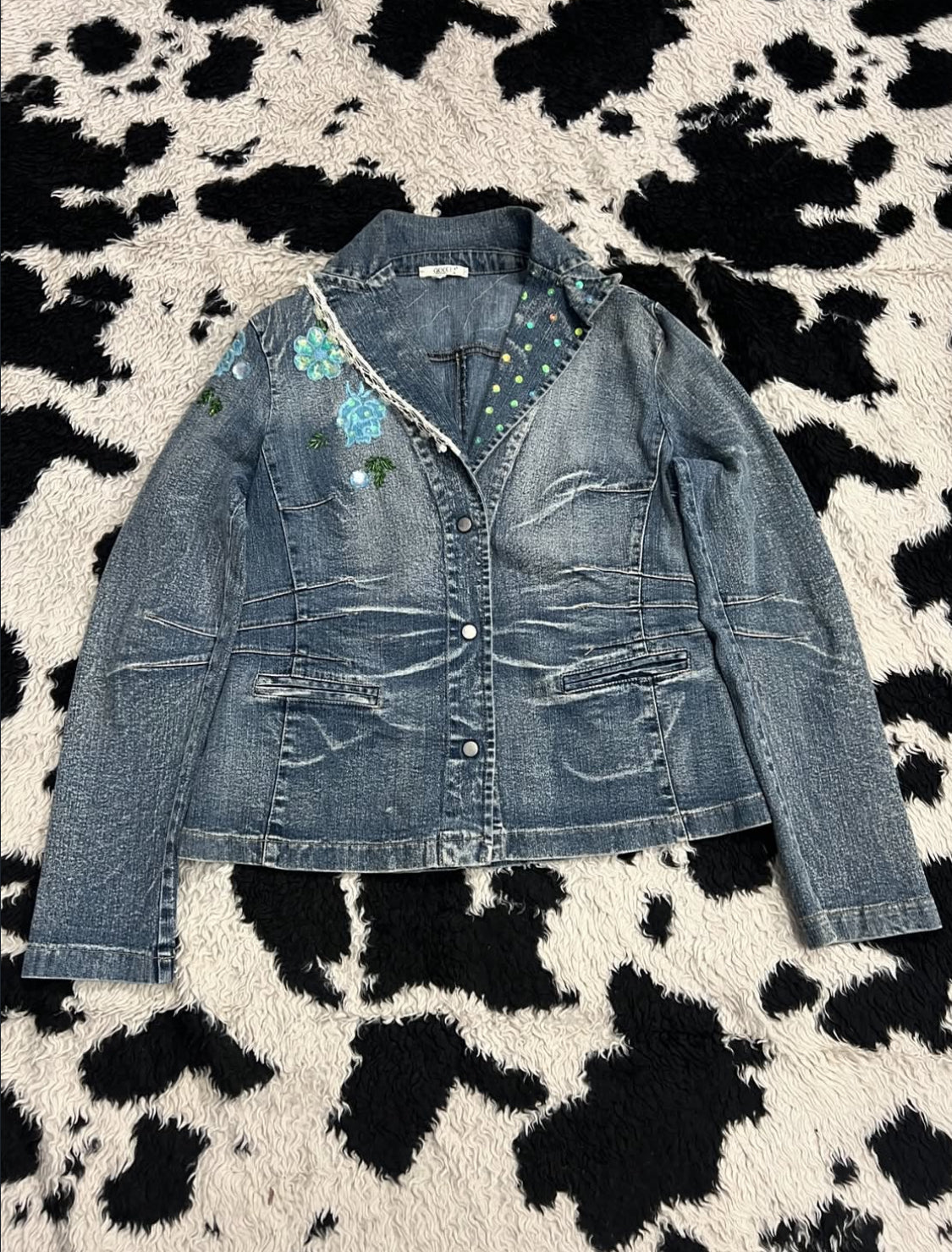 Whimsical Blue Floral Denim Coat Jacket (Medium)