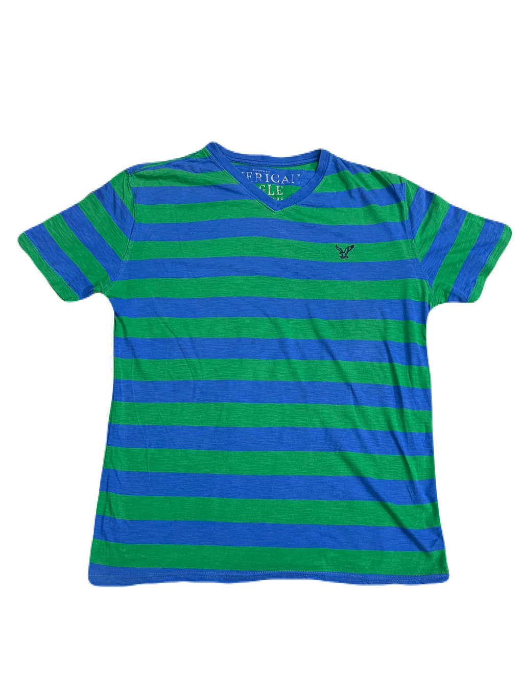American Eagle Blue & Green Striped Tee (Large)