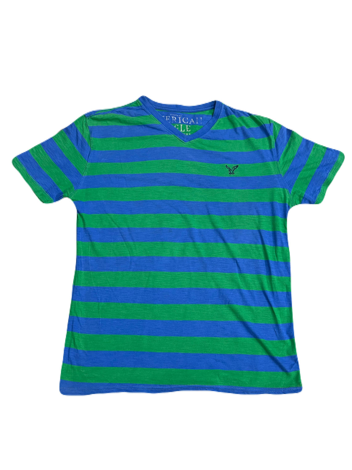 American Eagle Blue & Green Striped Tee (Large)