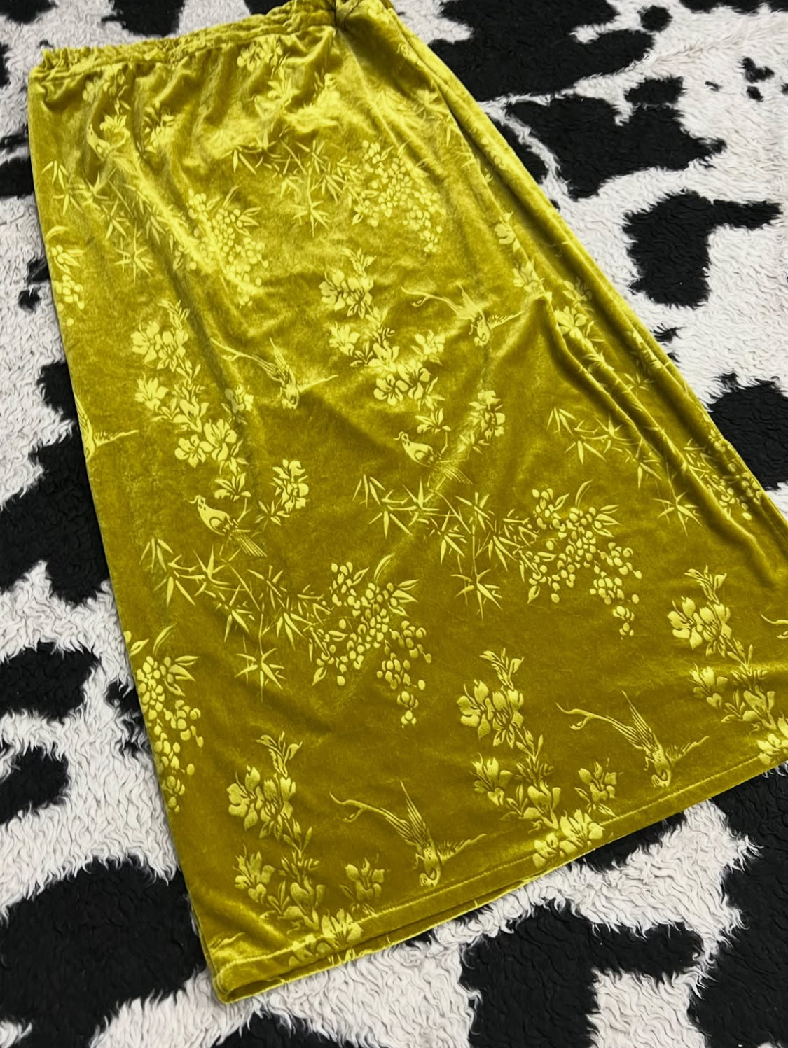 Floral Parrot Print Velvet Long Skirt