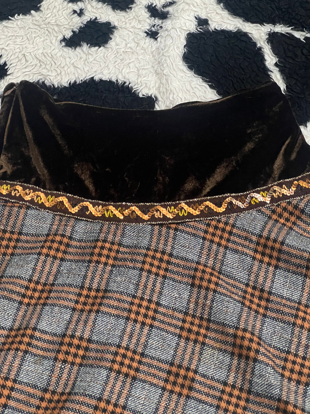Plaid & Tartan Brown Knee-Length Velvet Skirt