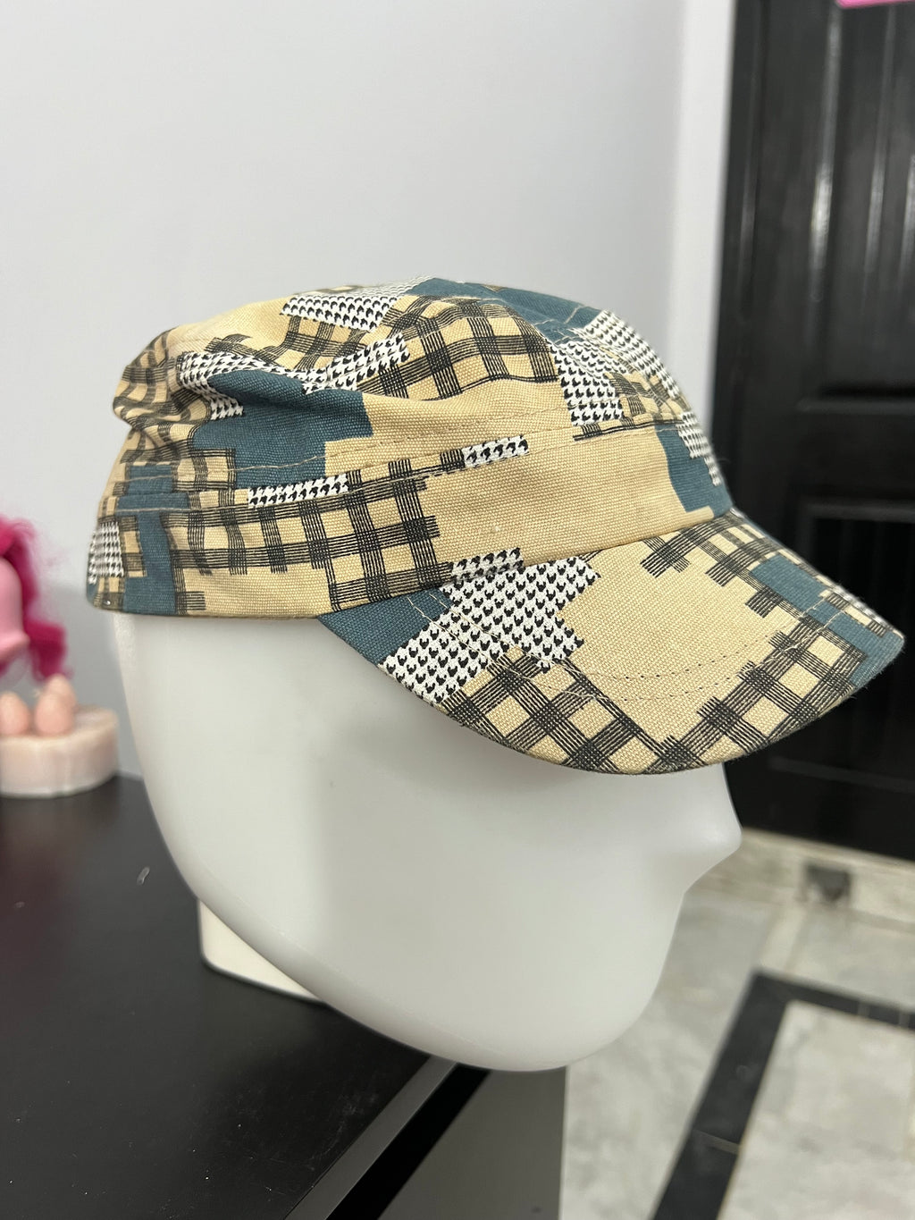 Beige & Teal Houndstooth Cap