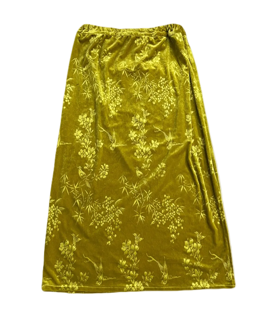Floral Parrot Print Velvet Long Skirt
