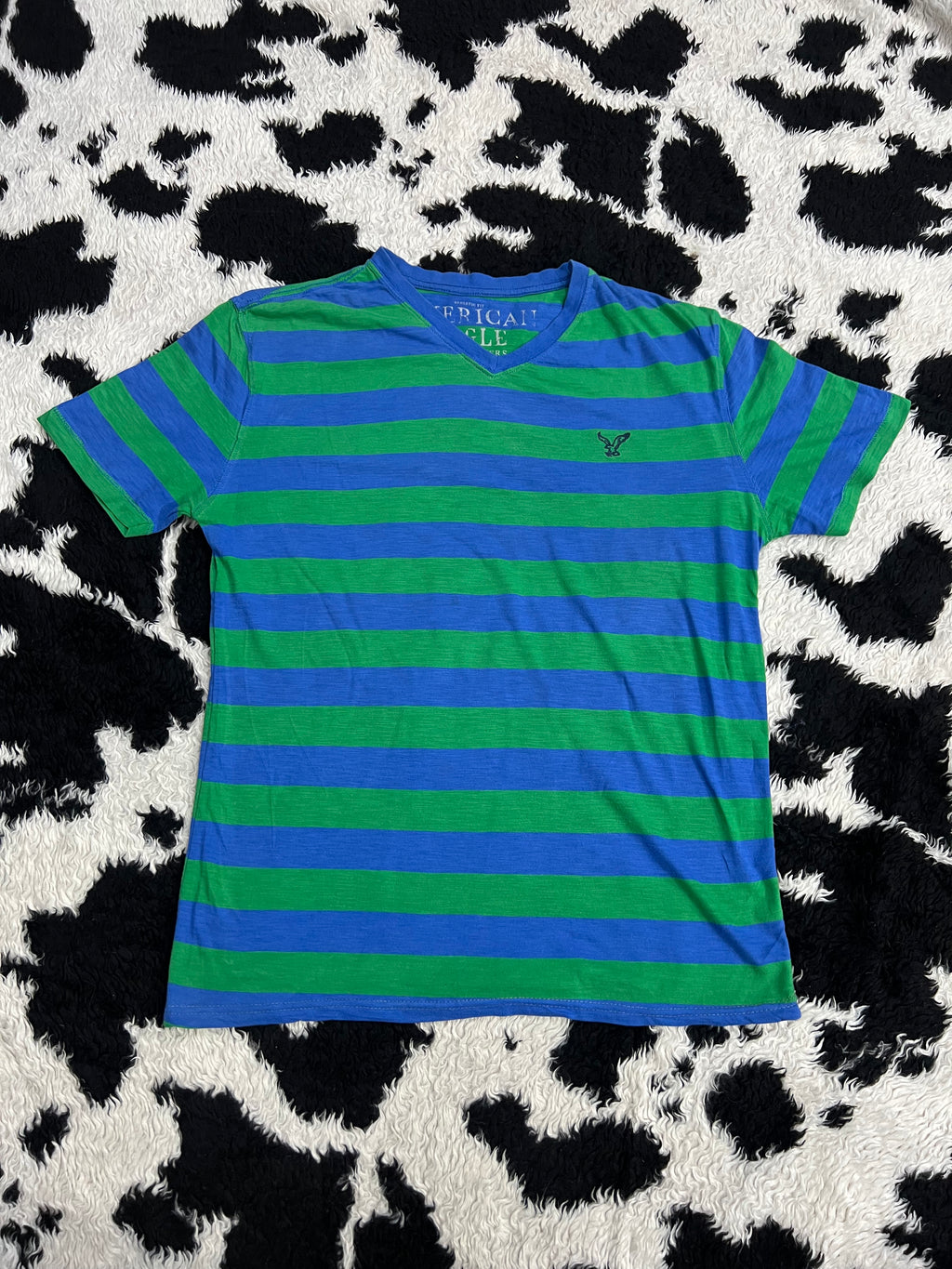 American Eagle Blue & Green Striped Tee (Large)