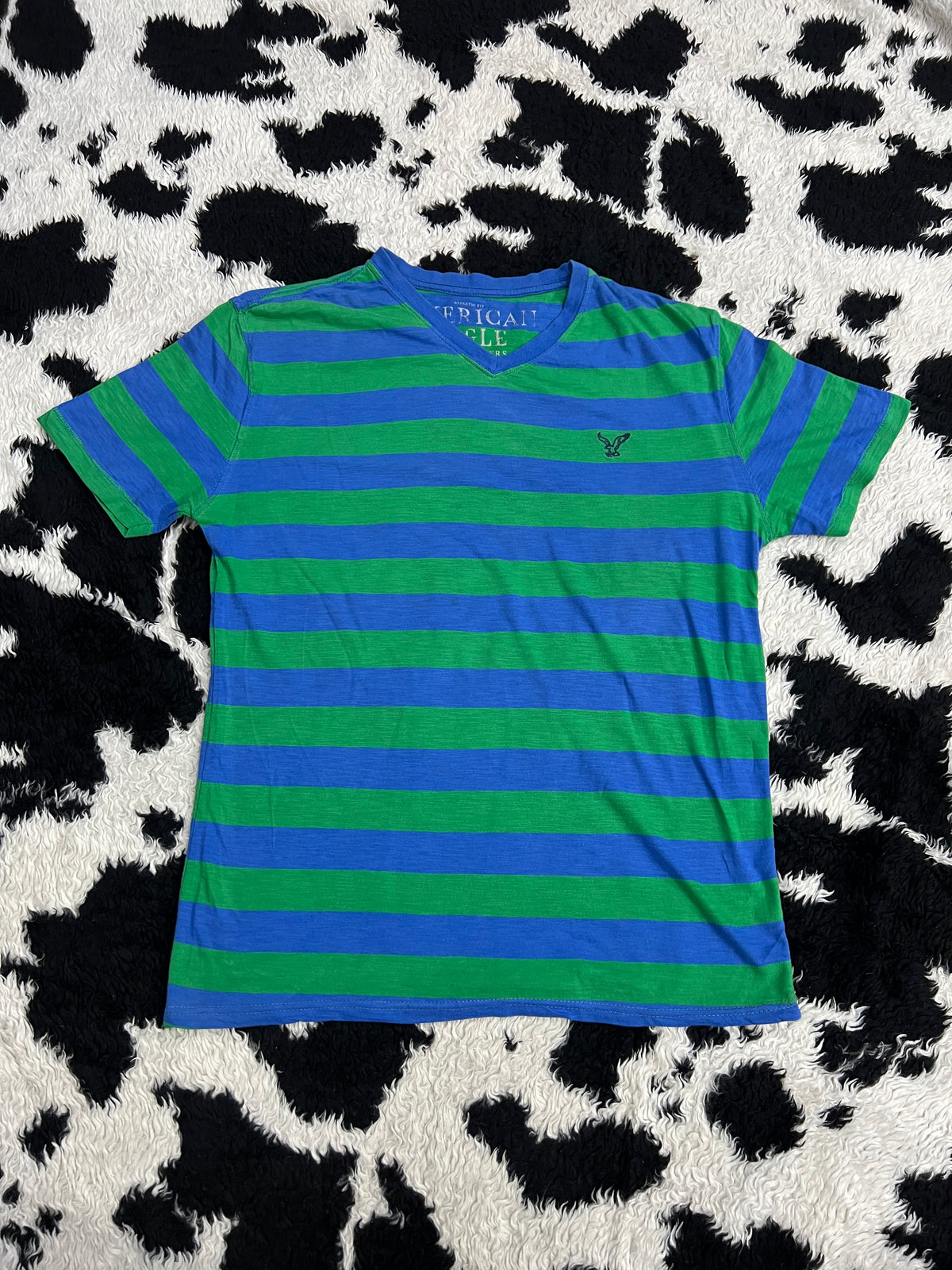 American Eagle Blue & Green Striped Tee (Large)