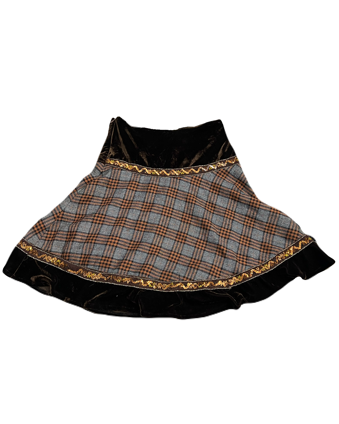 Plaid & Tartan Brown Knee-Length Velvet Skirt
