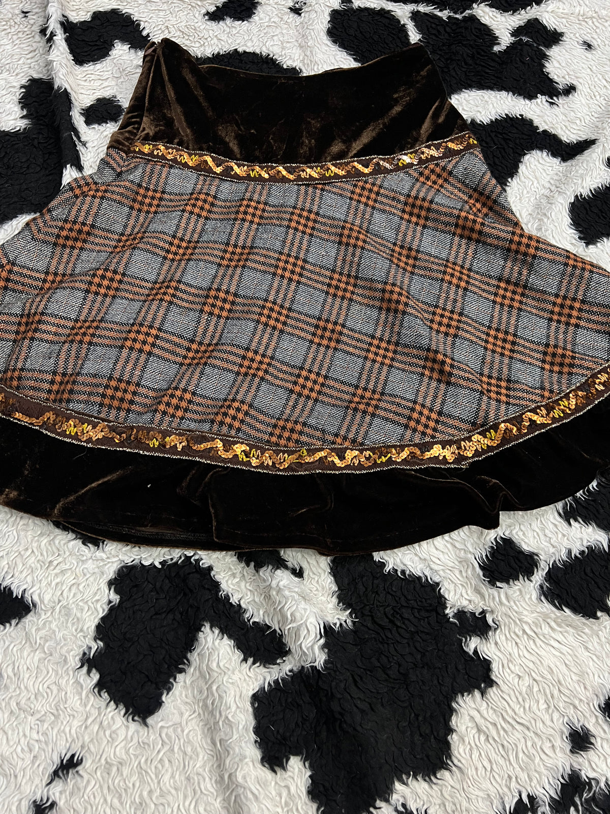 Plaid & Tartan Brown Knee-Length Velvet Skirt