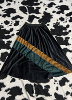 Black, Brown & Green Striped Pleated Long Velvet Skirt
