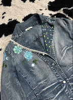 Whimsical Blue Floral Denim Coat Jacket (Medium)