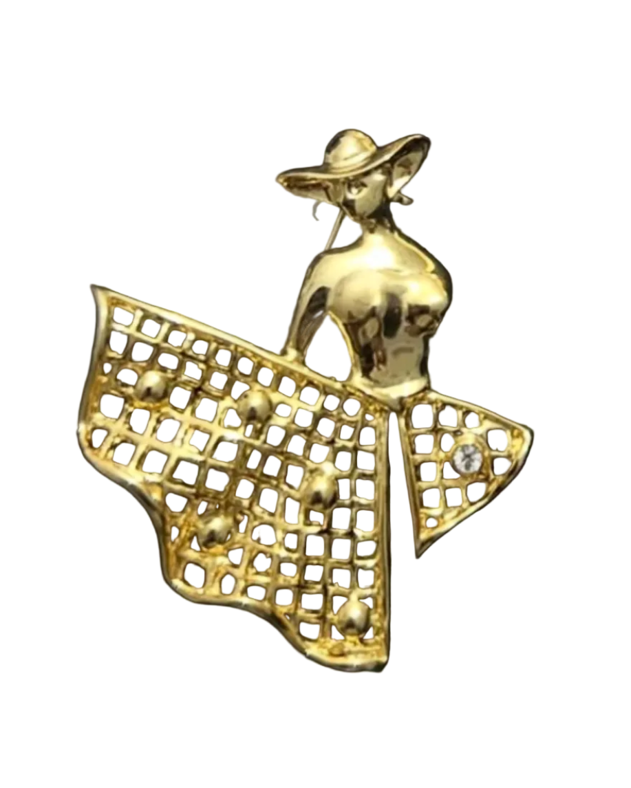 Woman in Skirt Golden Metal Brooch