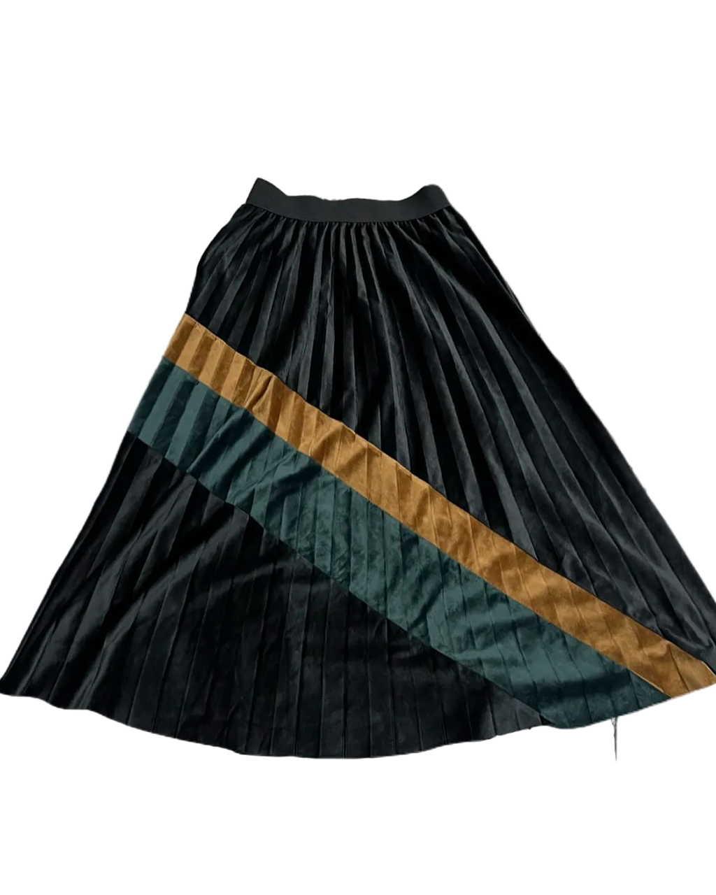 Black, Brown & Green Striped Pleated Long Velvet Skirt