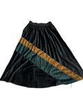 Black, Brown & Green Striped Pleated Long Velvet Skirt