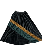 Black, Brown & Green Striped Pleated Long Velvet Skirt
