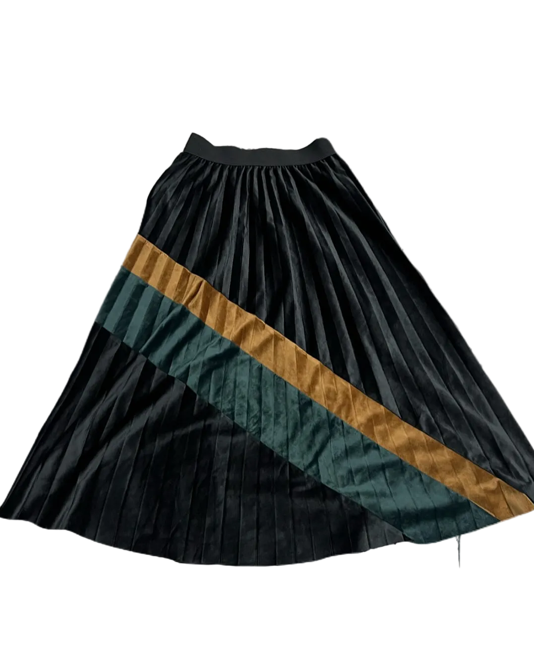 Black, Brown & Green Striped Pleated Long Velvet Skirt