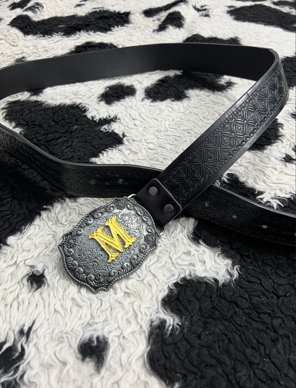 Carved M Buckle Black Belt