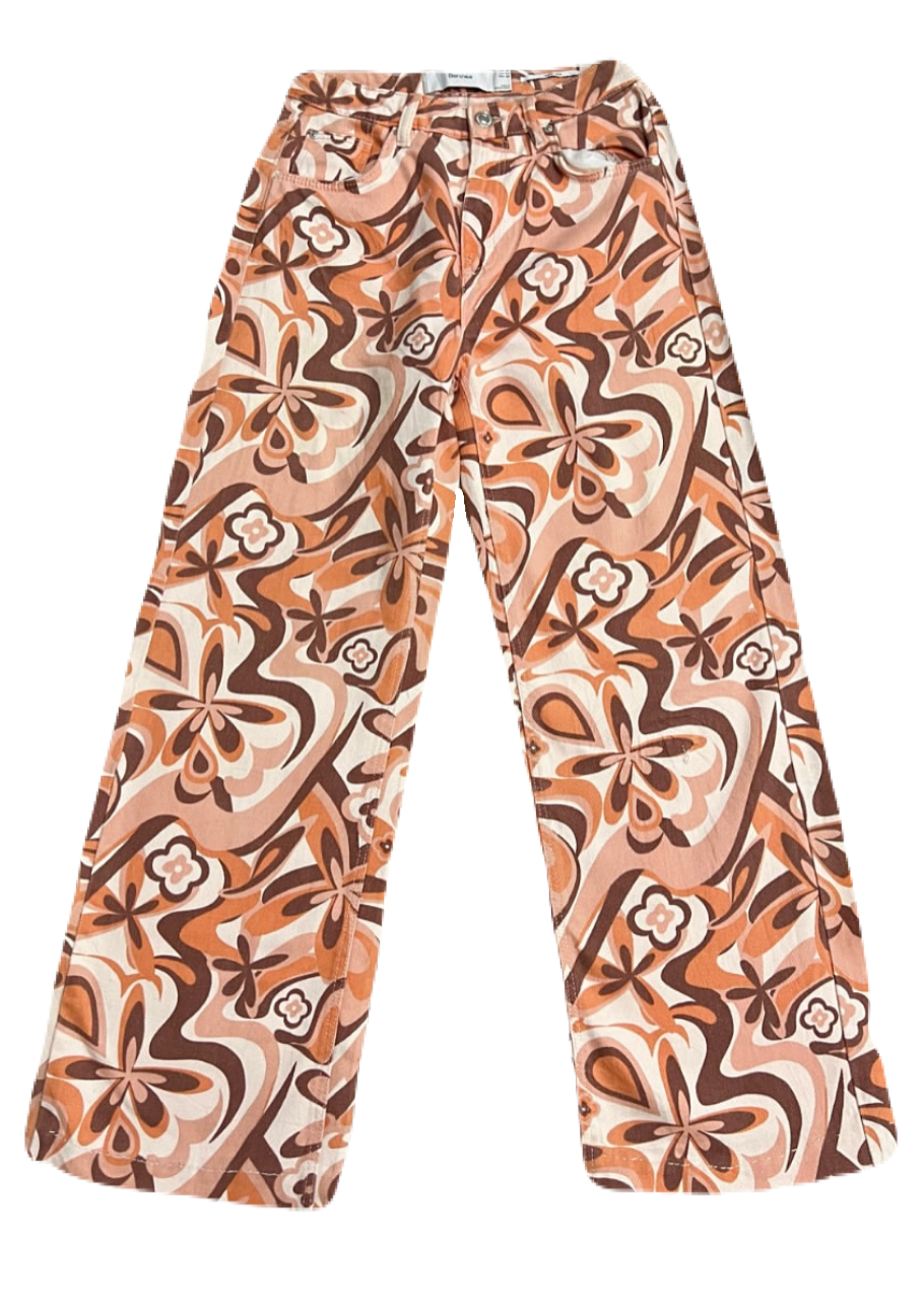 Bershka Orange & Brown Floral Pants (Waist 28)