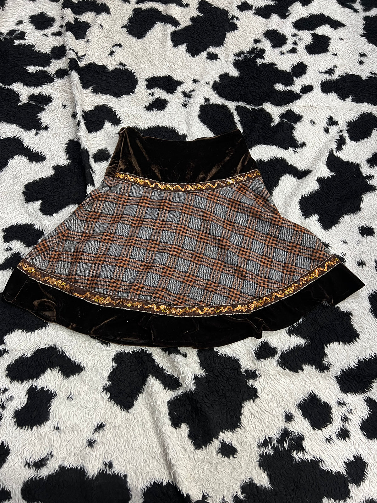 Plaid & Tartan Brown Knee-Length Velvet Skirt
