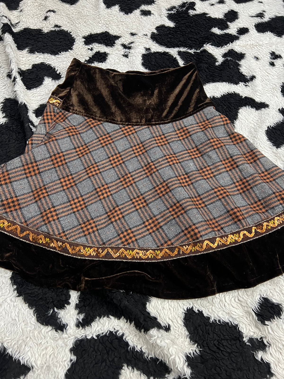 Plaid & Tartan Brown Knee-Length Velvet Skirt