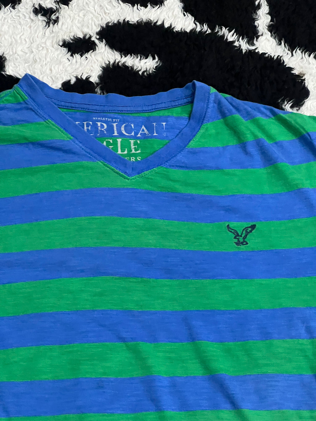 American Eagle Blue & Green Striped Tee (Large)
