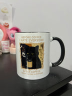 Before & After Coffee "I hate everyone" Black Cat Mug