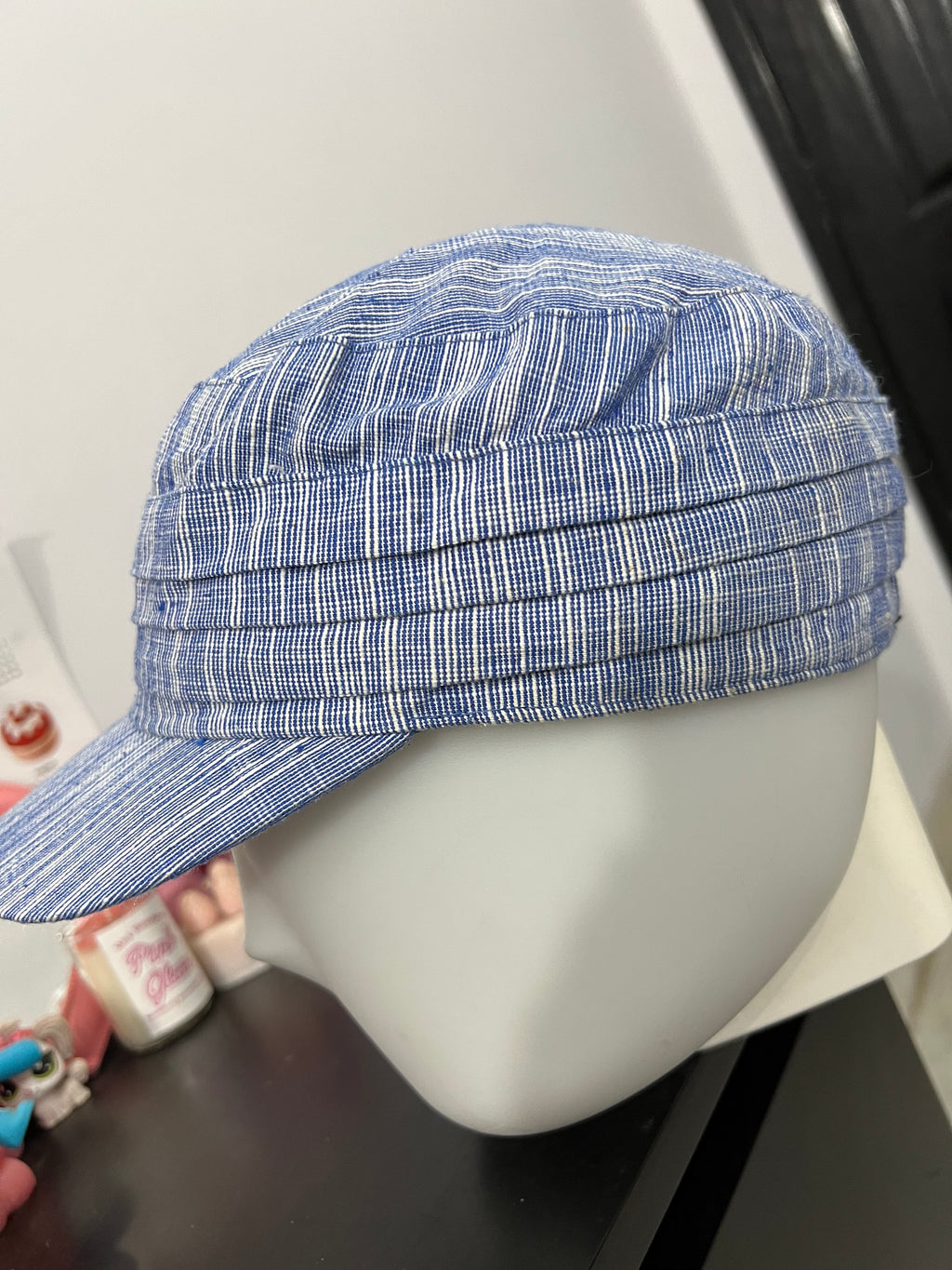 Blue & White Pleated Striped Cap