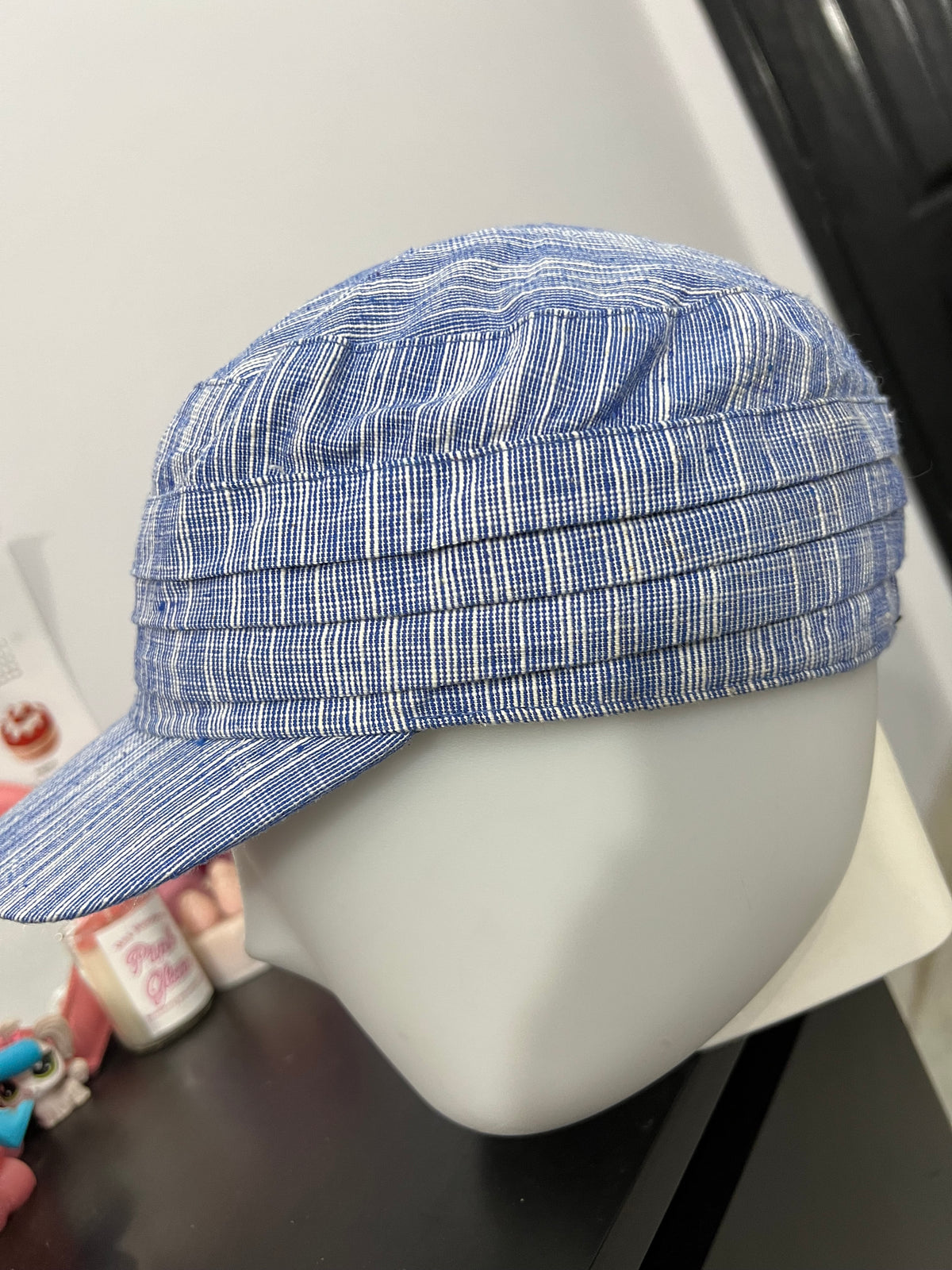 Blue & White Pleated Striped Cap