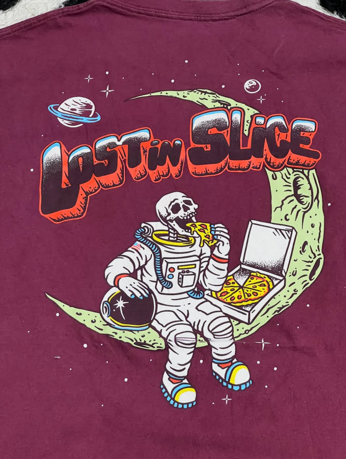 "Lost in Slice" Skeleton on Moon Pizza Tee (Large)