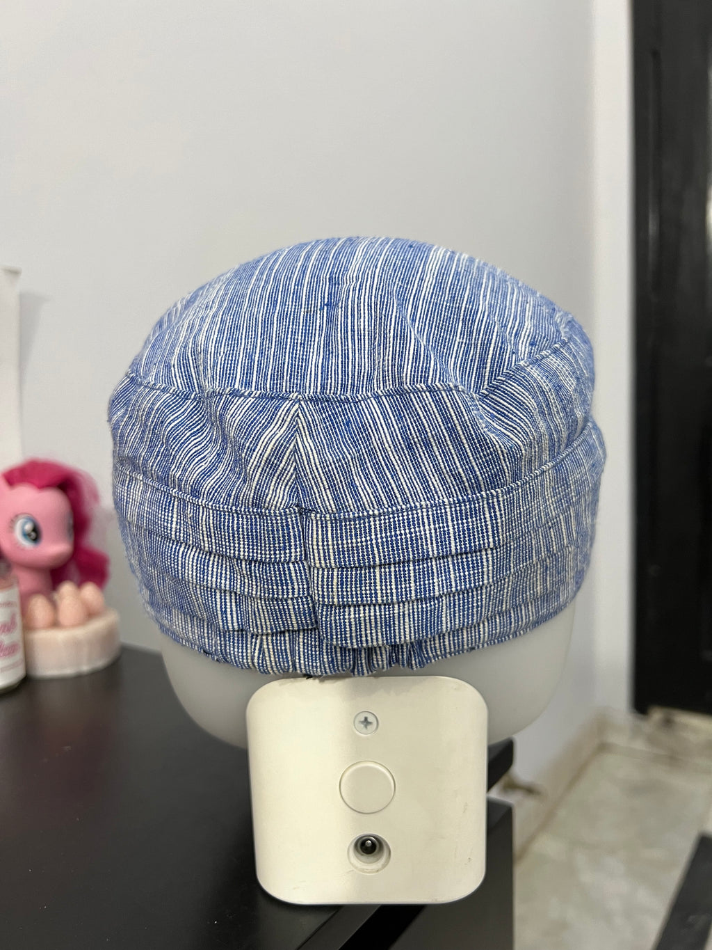 Blue & White Pleated Striped Cap