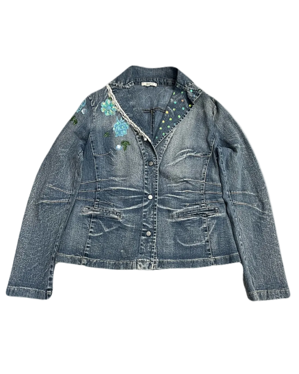Whimsical Blue Floral Denim Coat Jacket (Medium)