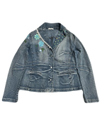 Whimsical Blue Floral Denim Coat Jacket (Medium)