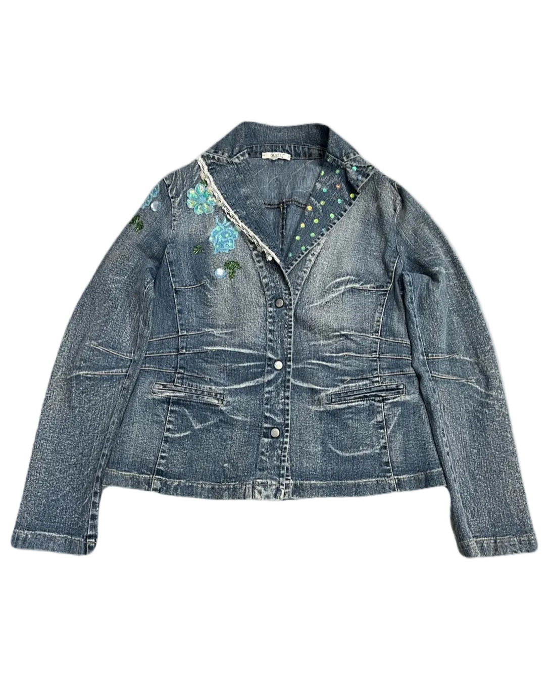 Whimsical Blue Floral Denim Coat Jacket (Medium)