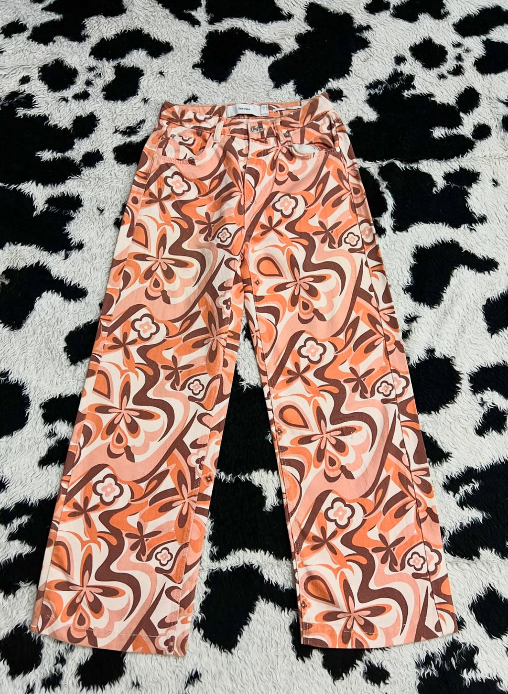 Bershka Orange & Brown Floral Pants (Waist 28)