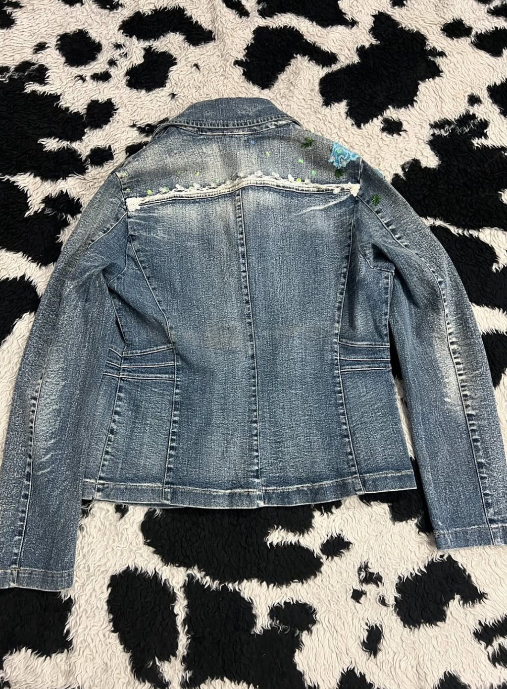 Whimsical Blue Floral Denim Coat Jacket (Medium)