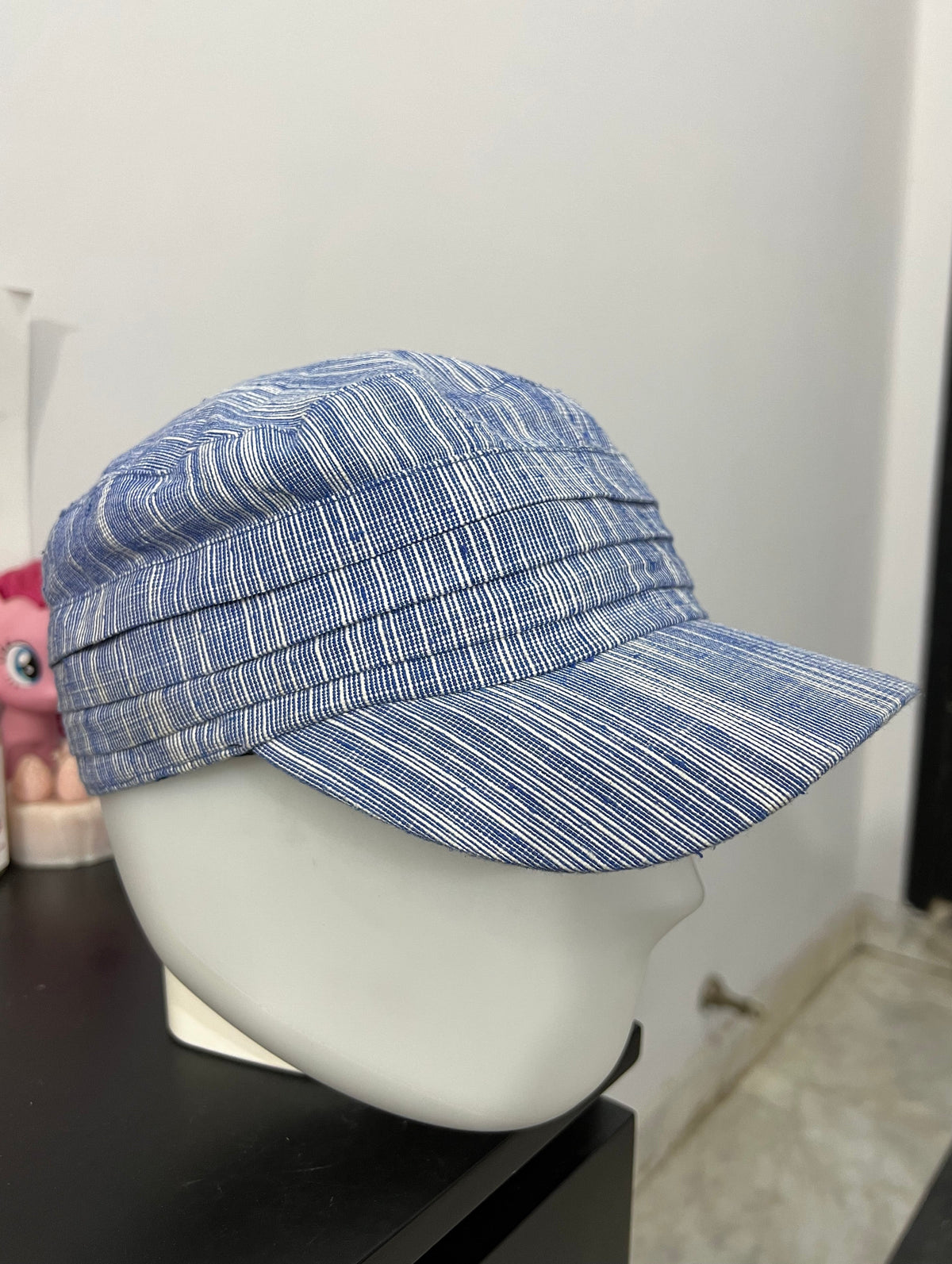 Blue & White Pleated Striped Cap