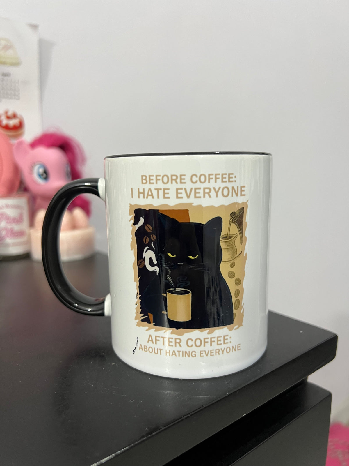 Before & After Coffee "I hate everyone" Black Cat Mug