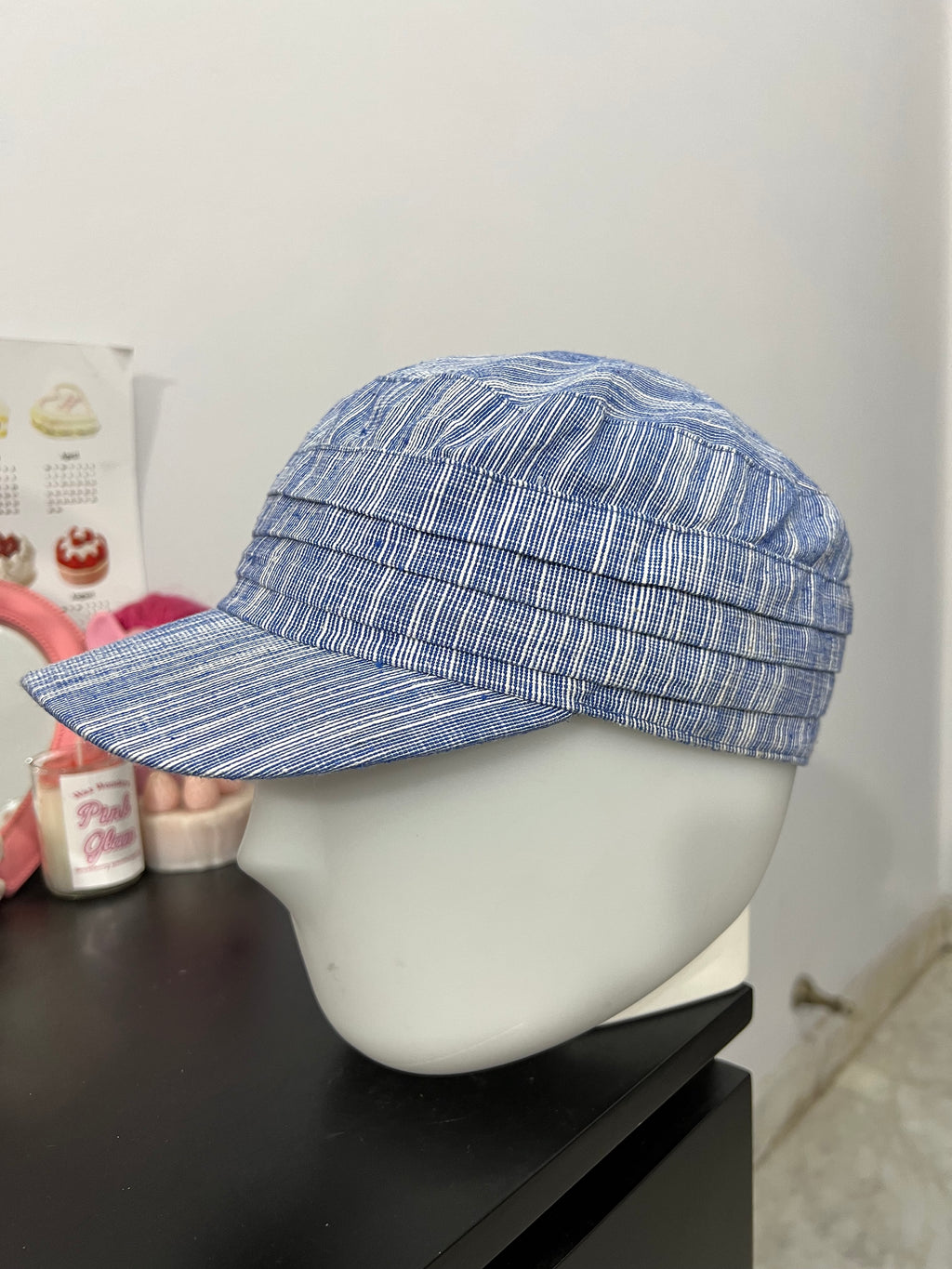 Blue & White Pleated Striped Cap