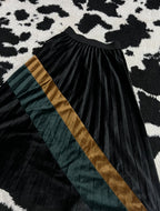 Black, Brown & Green Striped Pleated Long Velvet Skirt