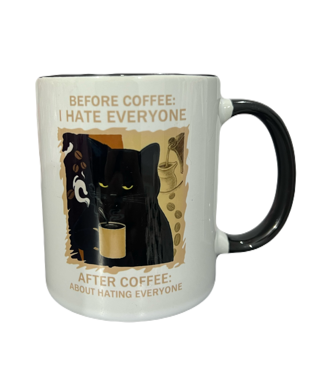 Before & After Coffee "I hate everyone" Black Cat Mug