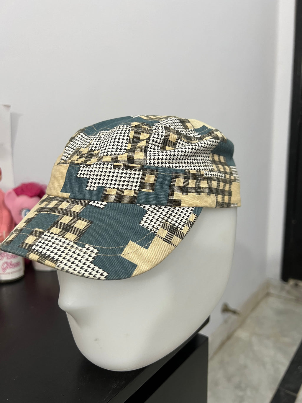Beige & Teal Houndstooth Cap