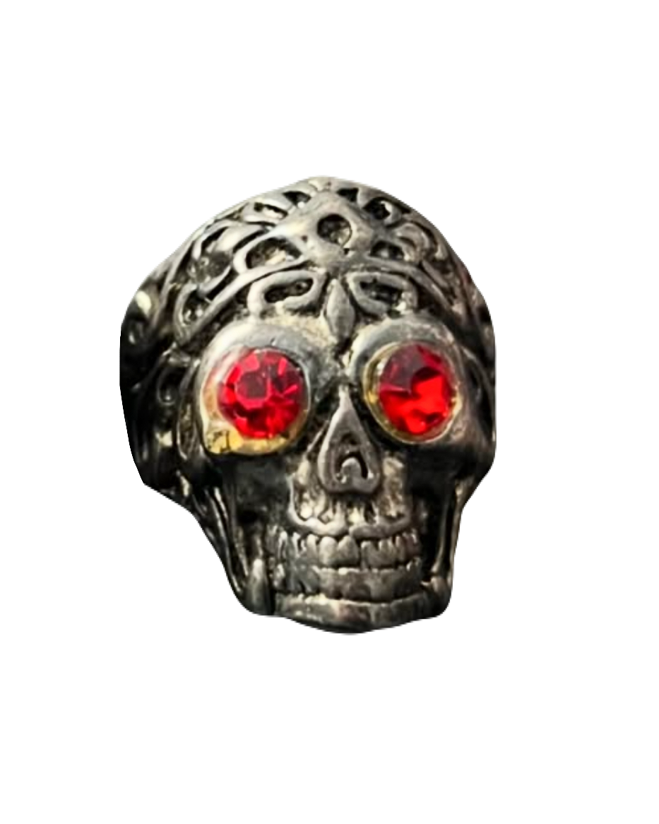 Engraved Red-Eyed Skull Ring