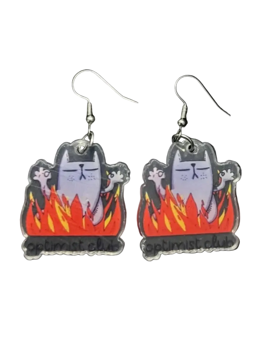 Optimistic Club Cat in Fire Earrings