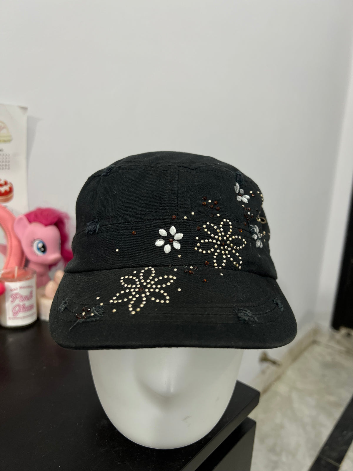 y2k Black Floral Cap